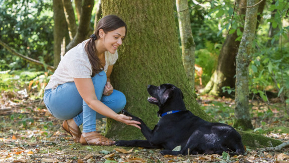 Woman crouched down with dog near a tree