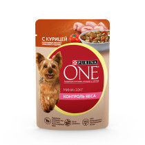 Влажный корм Purina ONE МИНИ Контроль веса, с курицей, коричневым рисом и томатами в подливе