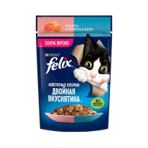 Влажный корм FELIX® Аппетитные кусочки, Двойная Вкуснятина для взрослых кошек, с лососем и форелью, в желе 75 г