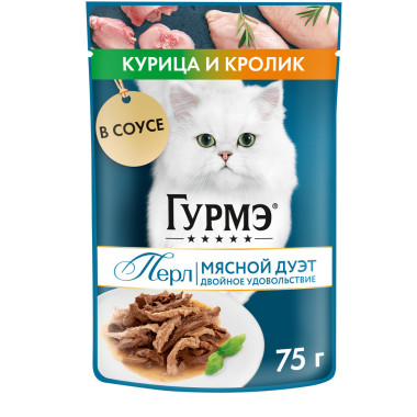 Влажный корм Гурмэ Перл Мясной Дуэт для взрослых кошек, со вкусом кролик и курица, нежное филе в соусе, 75 г