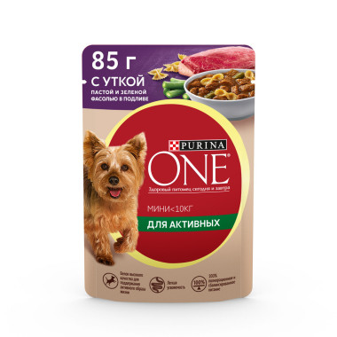 Влажный корм Purina ONE® Мини Активная для взрослых собак мелких пород с активным образом жизни, с уткой, пастой и зеленой фасолью