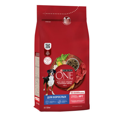 Сухой корм Purina ONE® для взрослых собак средних и крупных пород, с высоким содержанием говядины и с рисом