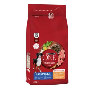 Сухой корм Purina ONE® для взрослых собак средних и крупных пород, с высоким содержанием курицы и с рисом