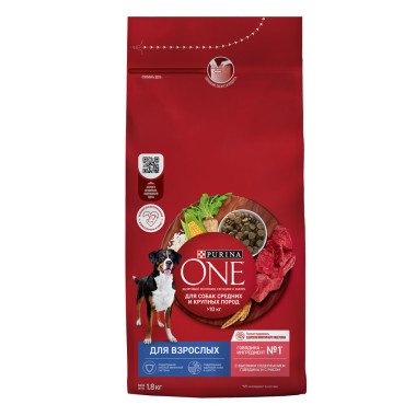 Сухой корм Purina ONE® для взрослых собак средних и крупных пород, с высоким содержанием говядины и с рисом