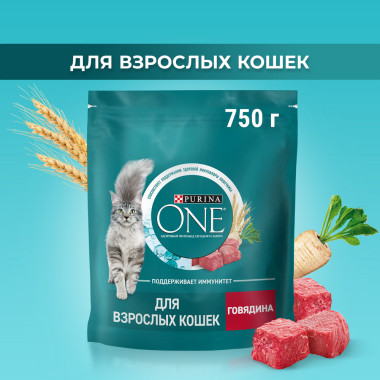 Сухой корм Purina ONE® полнорационный для взрослых кошек, с высоким содержанием говядины