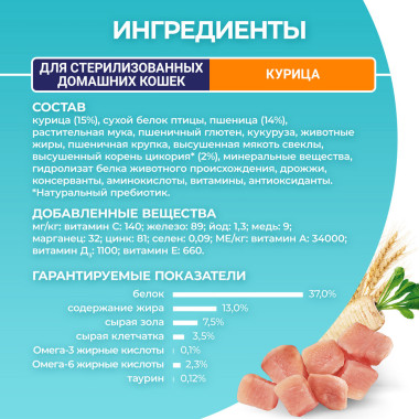 Сухой корм Purina ONE® полнорационный для стерилизованных кошек и кастрированных котов, живущих в домашних условиях