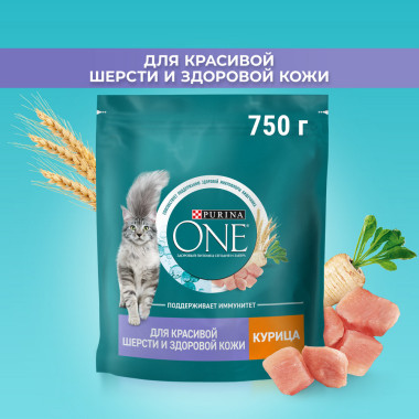 Сухой корм Purina ONE® полнорационный для взрослых кошек для красивой шерсти, здоровой кожи и контроля образования волосяных