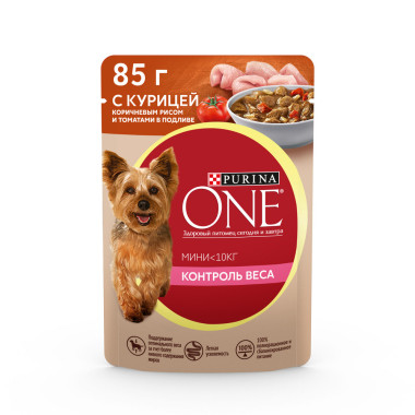 Влажный корм Purina ONE МИНИ Контроль веса, с курицей, коричневым рисом и томатами в подливе