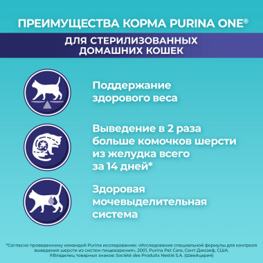 Сухой корм Purina ONE® полнорационный для стерилизованных кошек и кастрированных котов, живущих в домашних условиях