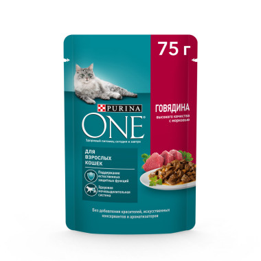 Влажный корм Purina ONE для взрослых кошек, с говядиной и морковью, Пауч