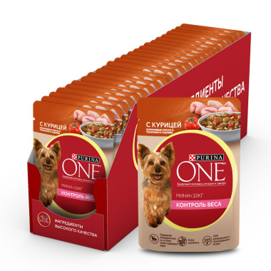 Влажный корм Purina ONE МИНИ Контроль веса, с курицей, коричневым рисом и томатами в подливе