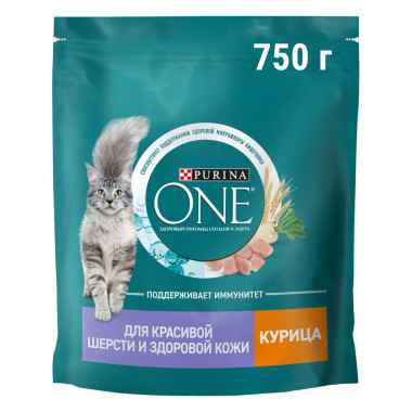 Сухой корм Purina ONE® полнорационный для взрослых кошек для красивой шерсти, здоровой кожи и контроля образования волосяных