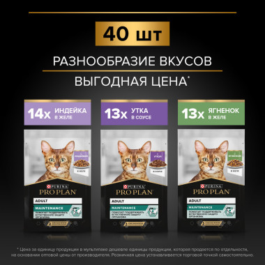 Влажный корм PRO PLAN® для взрослых кошек, вкусные кусочки с индейкой в желе, нежные кусочки с уткой в соусе, вкусные кусочки