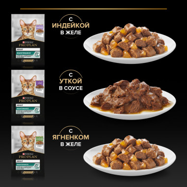 Влажный корм PRO PLAN® для взрослых кошек, вкусные кусочки с индейкой в желе, нежные кусочки с уткой в соусе, вкусные кусочки