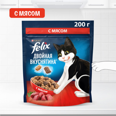 Сухой корм FELIX® Двойная Вкуснятина® для взрослых кошек, с мясом, Пакет, 200г