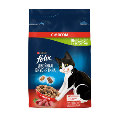 Сухой корм FELIX® Двойная Вкуснятина® для взрослых кошек, с мясом, Пакет, 3 кг