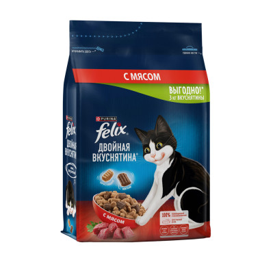 Сухой корм FELIX® Двойная Вкуснятина® для взрослых кошек, с мясом, Пакет, 3 кг